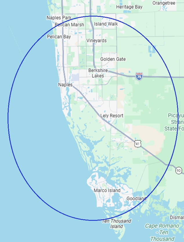 Gulf Coast Estate Care service area map covering South Naples, including Lely and Caymas